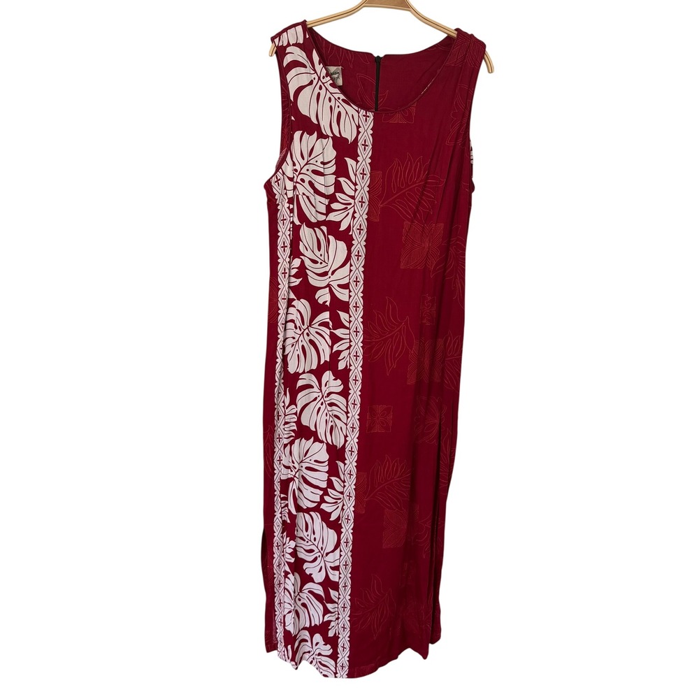 Hilo Hattie Hawaiian Original Maxi Dress XL Burgundy Red Monstera Tropical Slit